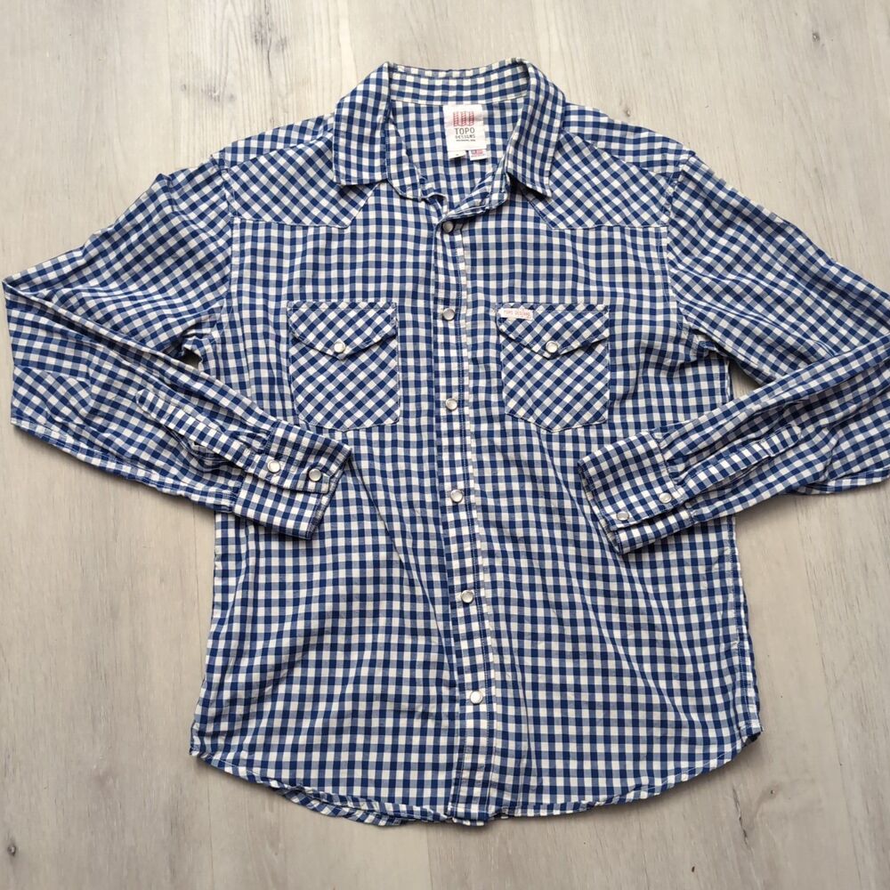 Topo Designs Shirt Mens Small Blue White Gingham Chek Sleeve Western Snap Front